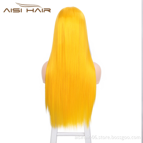 Aisi Hair 26 Inch Long Silky Straight Yellow Wig Cosplay Swiss Lace Wig Middle Part Synthetic Lace Front Wigs For Black Women